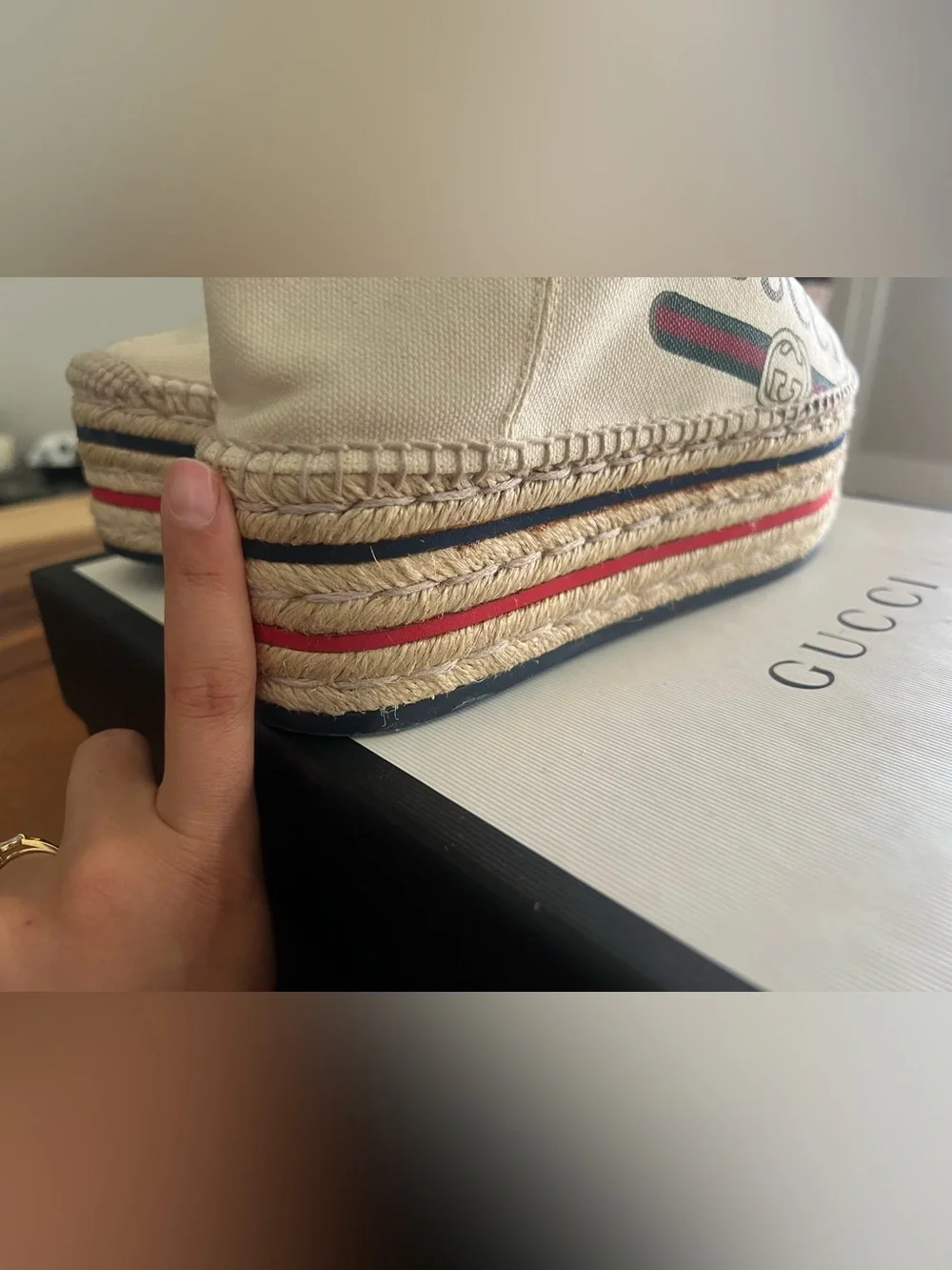 Gucci Cream Canvas Platform Espadrille Sneakers with Red & Green Stripe